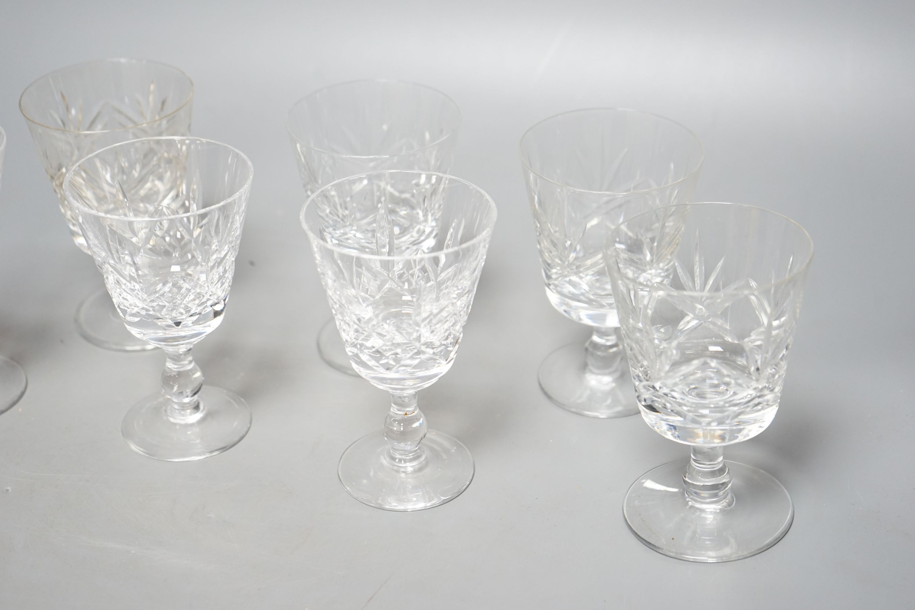 Various cut crystal drinking glasses by Thomas Webb, Stuart and Waterford